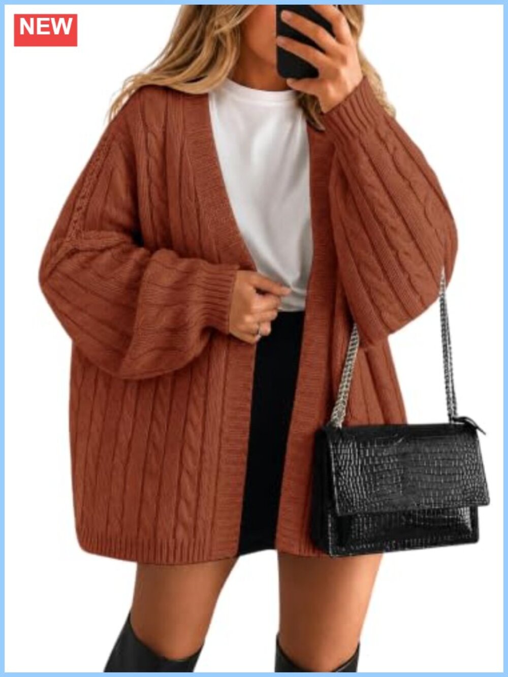 Oversized Cable Knit Cardigan Sweater with Lantern Sleeves and Open Front